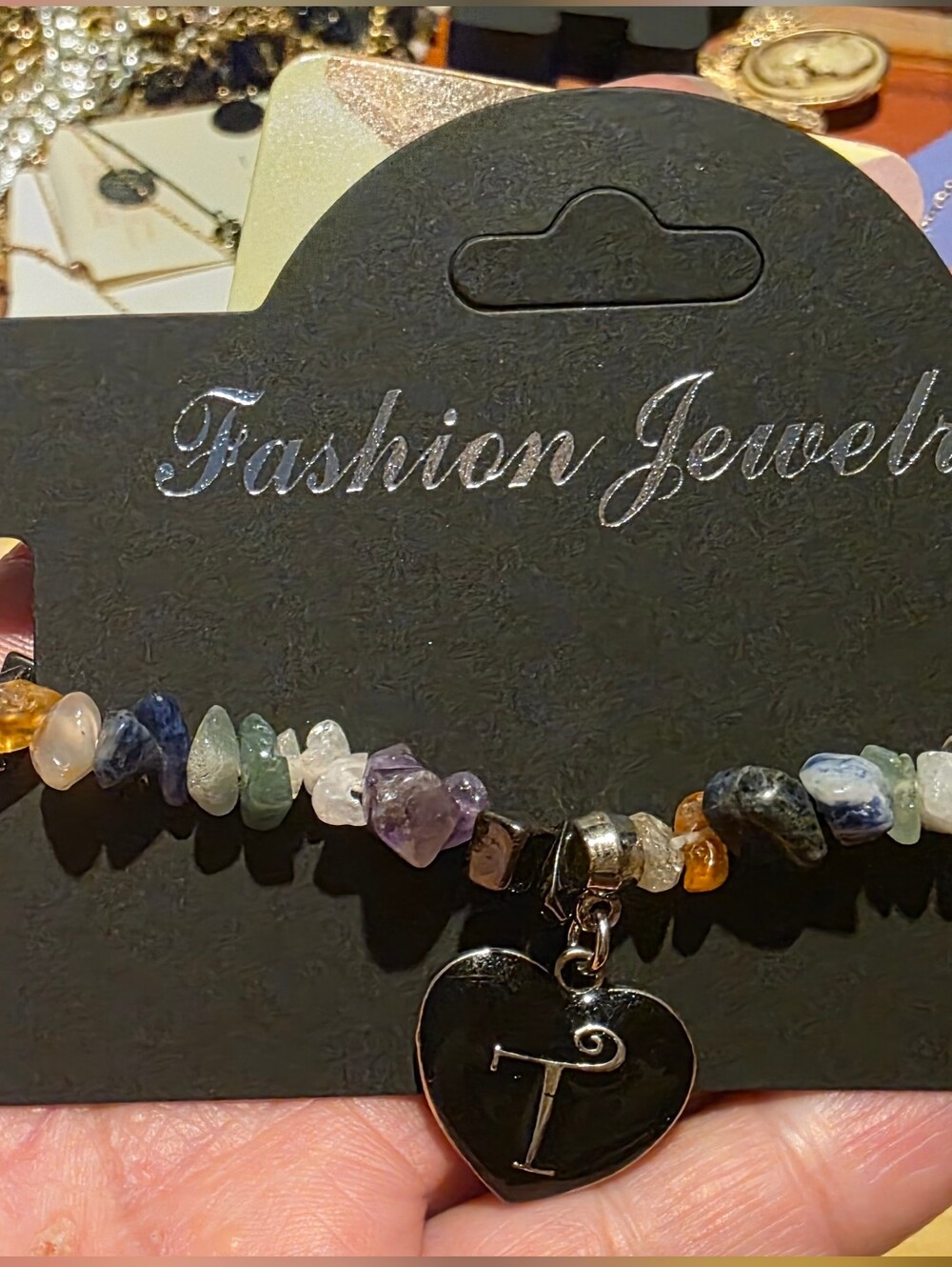 Genuine Gemstone Bracelet with Black Heart Initial T Charm